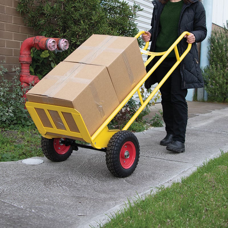 Puncture-proof pneumatic wheels fitted to a hand truck/appliance trolley&mdash;for extra reliability